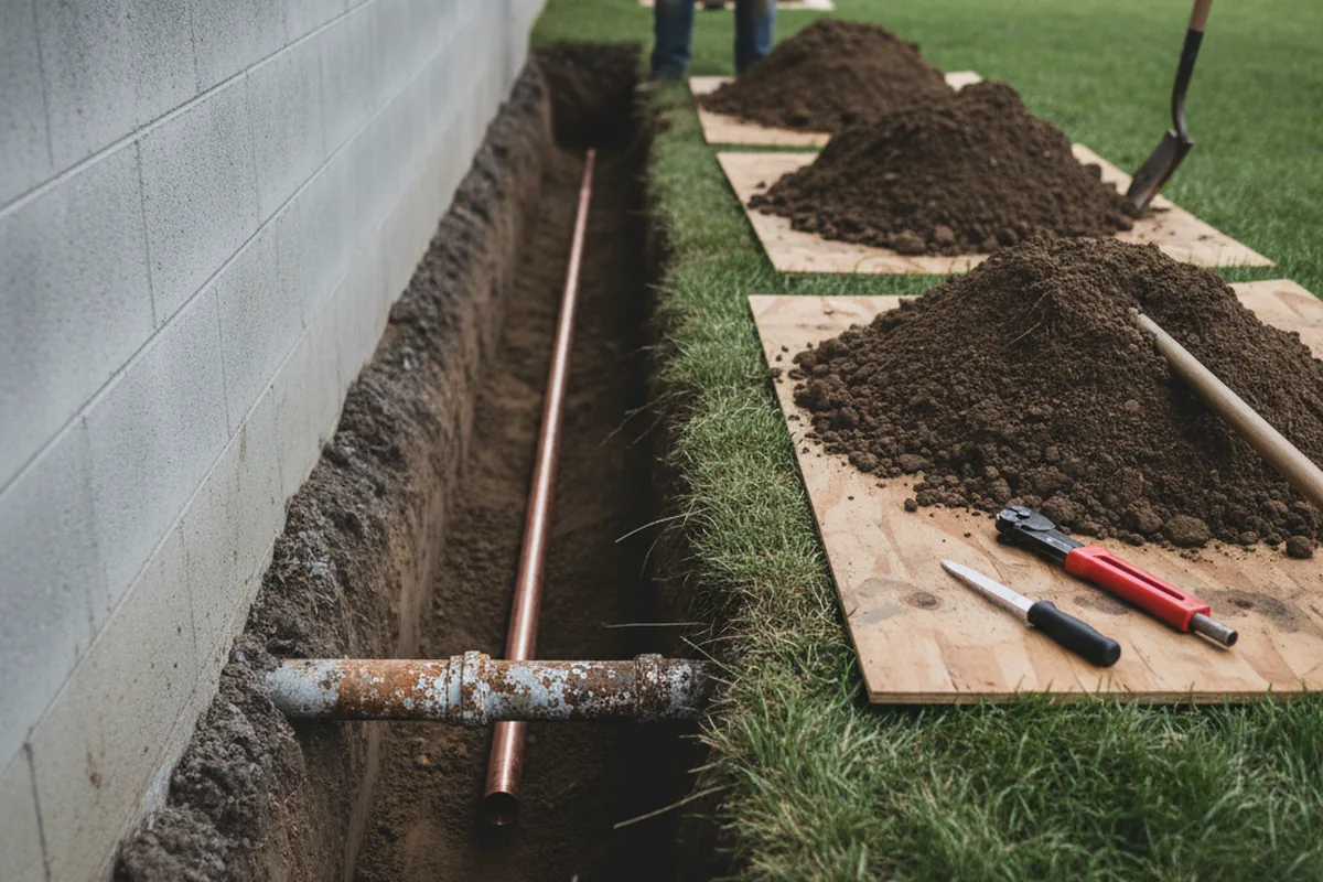 Excavated water line trench during Water Softener Installation in Layland